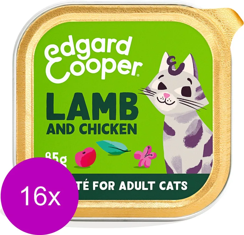 Kattenvoer Graanvrij Natvoer voor Katten Gesteriliseerde of Actieve Kat Natuurlijke Heerlijke PatÃ© 85g x 16 Verse Lam & Kip, Smakelijk en Uitgebalanceerd, Vers Vlees von Edgard & Cooper – Produktfoto