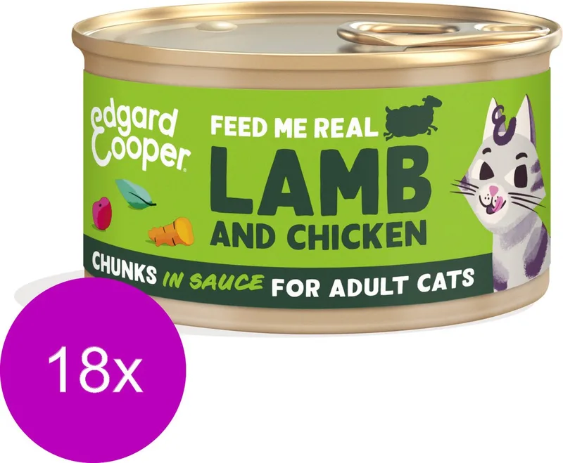 Kattenvoer Graanvrij Natvoer voor Katten Gesteriliseerde of Actieve Kat Natuurlijke Stukjes in Saus 85g x 18 Verse Lam & Kip, Smakelijk en Uitgebalanceerd, Vers Vlees de Edgard & Cooper – photo produit