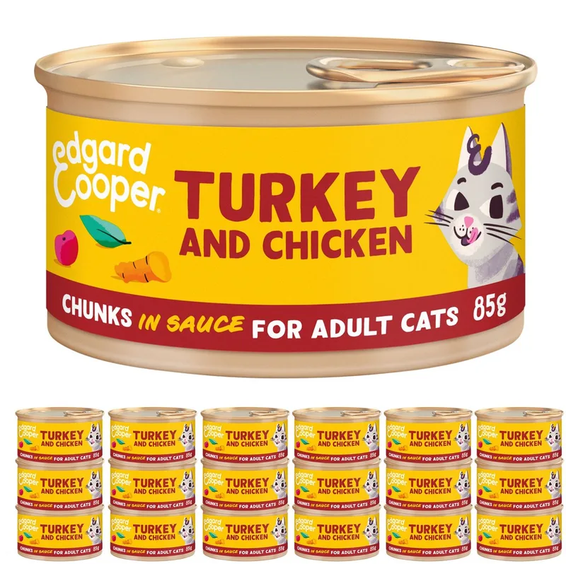 Kattenvoer Graanvrij Natvoer voor Katten Gesteriliseerde of Actieve Kat Natuurlijke Stukjes in Saus 85g x 18 Verse Kalkoen & Kip, Smakelijk en Uitgebalanceerd, Vers Vlees de Edgard & Cooper – photo produit