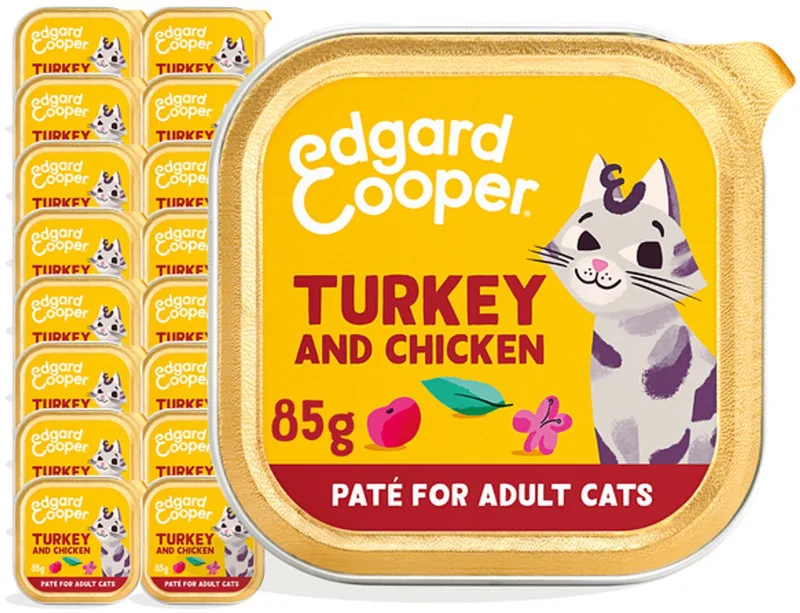 Kattenvoer Graanvrij Natvoer voor Katten Gesteriliseerde of Actieve Kat Natuurlijke Heerlijke PatÃ© 85g x 16 Verse Kalkoen & Kip, Smakelijk en Uitgebalanceerd, Vers Vlees de Edgard & Cooper – photo produit