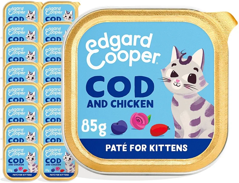 Kattenvoer Graanvrij Natvoer voor Katten Junior Gesteriliseerde of Actieve Kitten Kat Natuurlijke Heerlijke PatÃ© 85g x 16 Verse Kabeljauw & Kip, Smakelijk en Uitgebalanceerd, Vers Vlees by Edgard & Cooper – product photo
