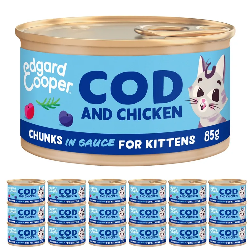 Kattenvoer Graanvrij Natvoer voor Katten Junior Gesteriliseerde of Actieve Kitten Kat Natuurlijke Stukjes in Saus 85g x 18 Verse Kabeljauw & Kip, Smakelijk en uitgebalanceerd, Vers vlees by Edgard & Cooper – product photo