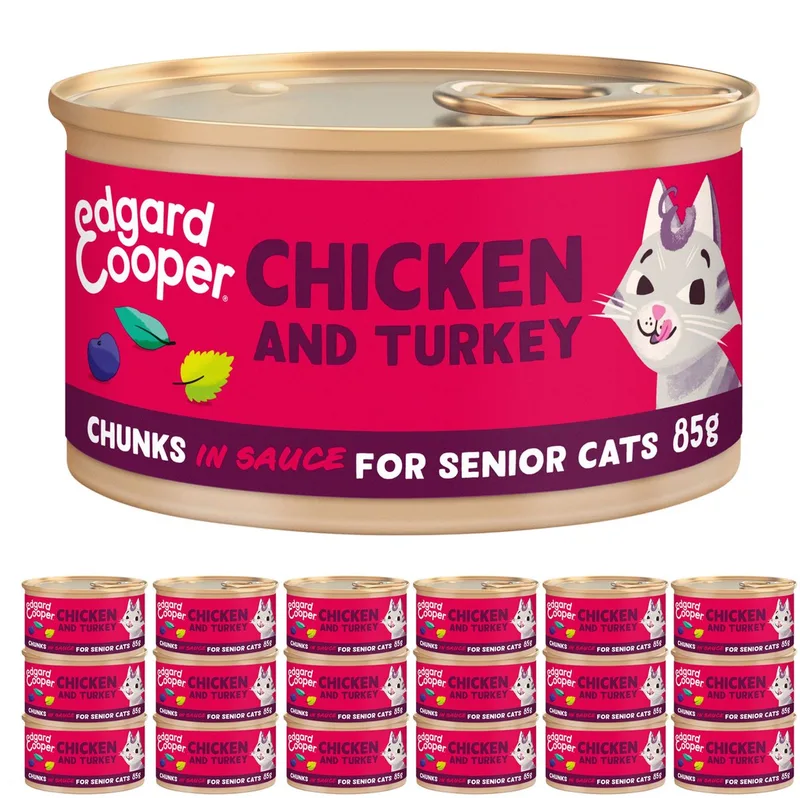 Kattenvoer Graanvrij Natvoer voor Katten Senior Gesteriliseerde of Actieve Senior Kat Natuurlijke Stukjes in Saus 85g x 18 Verse Kalkoen & Kip, Smakelijk en Uitgebalanceerd, Vers Vlees von Edgard & Cooper – Produktfoto