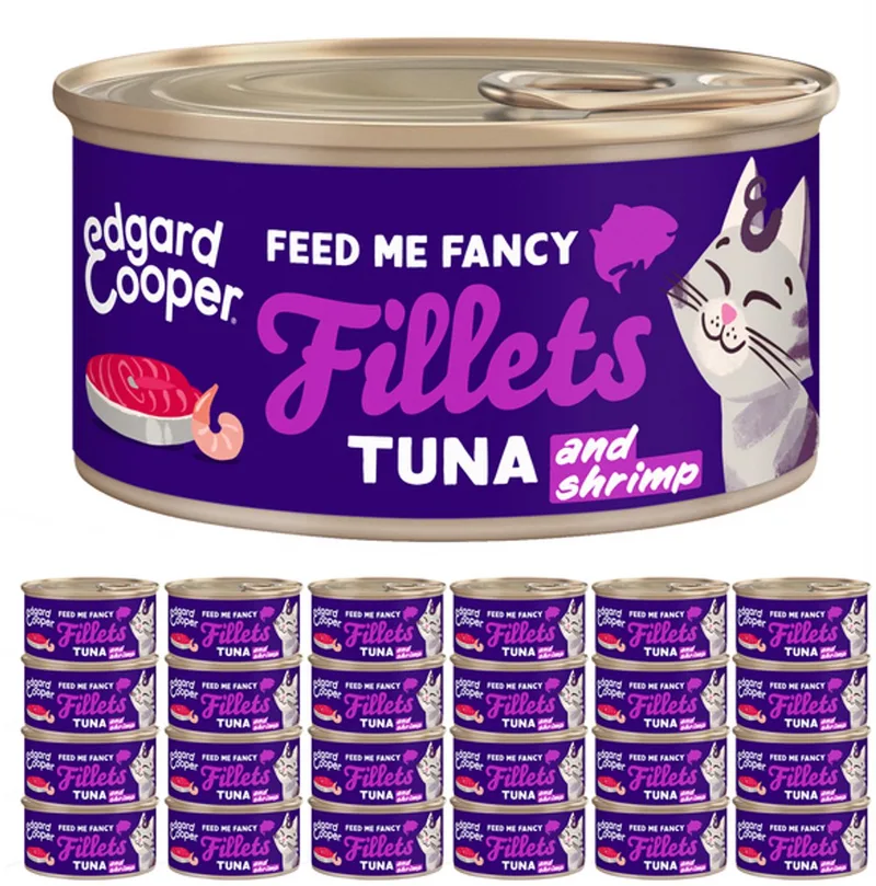 Kattenvoer Graanvrij Natvoer voor Kitten en Kat en Senior Gesteriliseerde of Actieve Katten Natuurlijke Heerlijke Filets 70g x 24 Verse Tonijn & Garnalen, Aanvullende voeding de Edgard & Cooper – photo produit