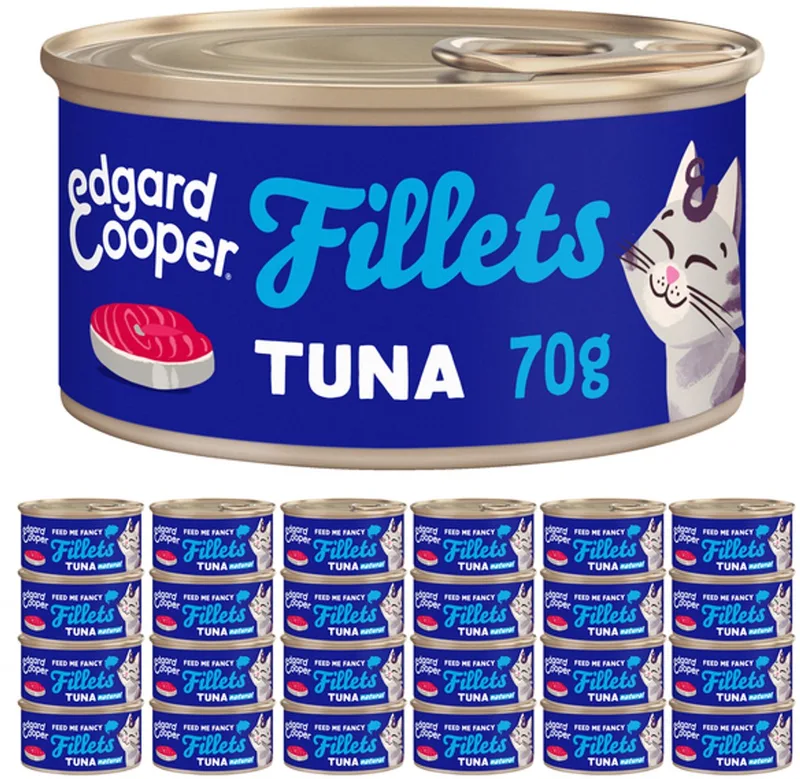 Kattenvoer Graanvrij Natvoer voor Kitten en Kat en Senior Gesteriliseerde of Actieve Katten Natuurlijke Heerlijke Filets 70g x 24 Verse Tonijn, Aanvullende voeding von Edgard & Cooper – Produktfoto