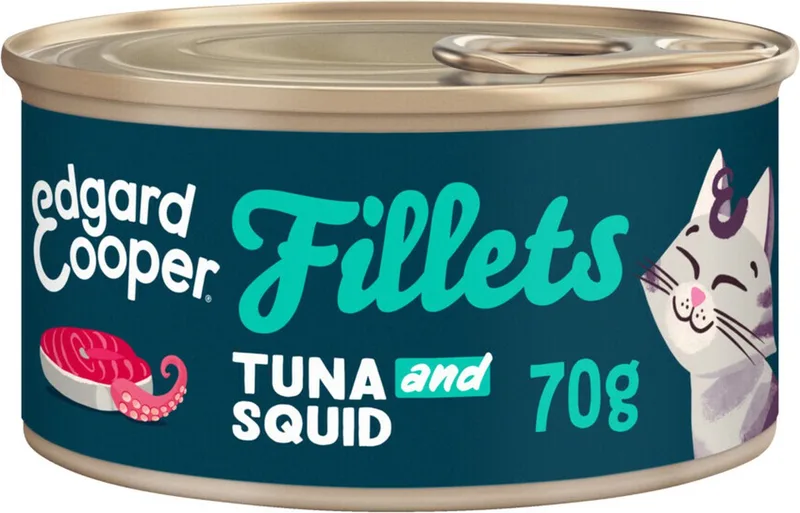 Kattenvoer Graanvrij Natvoer voor Kitten en Kat en Senior Gesteriliseerde of Actieve Katten Natuurlijke Heerlijke Filets 70g x 24 Verse Tonijn & Calamares, Aanvullende voeding von Edgard & Cooper – Produktfoto