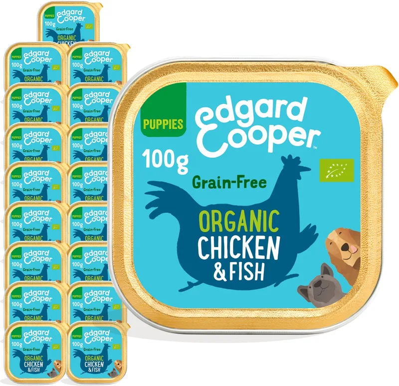Kuipje Honden Natvoer Puppy Hondenvoer Bio Kip - Vis 17 x 100 gr - NL-BIO-01 by Edgard & Cooper – product photo