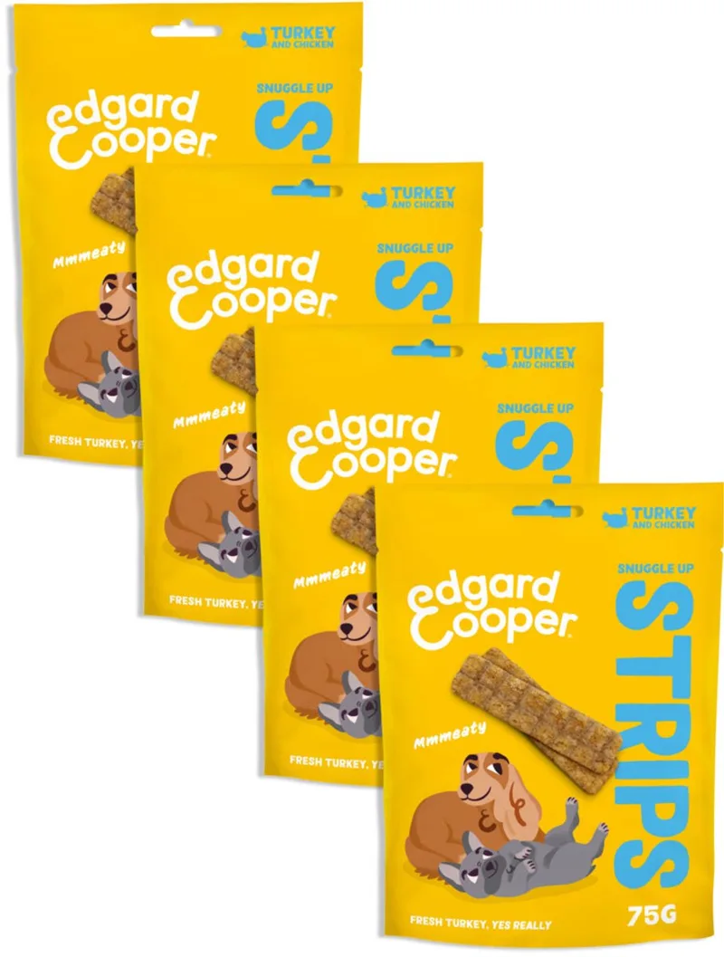 Natural Dog Treats - Kalkoen & Kip Snuggle Up Strips - (4 x 75g), Graanvrij, Vers vlees met hoog eiwitgehalte, vol essentiële aminozuren by Edgard & Cooper – product photo