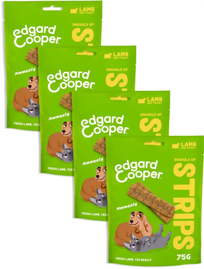 Natural Dog Treats - Lam & Kalkoen Snuggle Up Strips - (4 x 75g), Graanvrij, Vers vlees met hoog eiwitgehalte, vol essentiële aminozuren by Edgard & Cooper – product photo