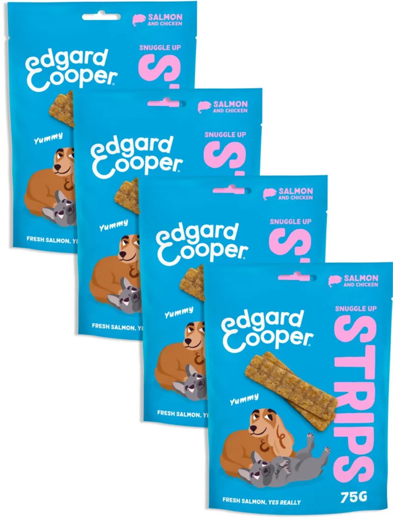 Natural Dog Treats - Zalm Snuggle Up Strips - (4 x 75g), Graanvrij, Vers vlees met hoog eiwitgehalte, vol essentiële aminozuren de Edgard & Cooper – photo produit