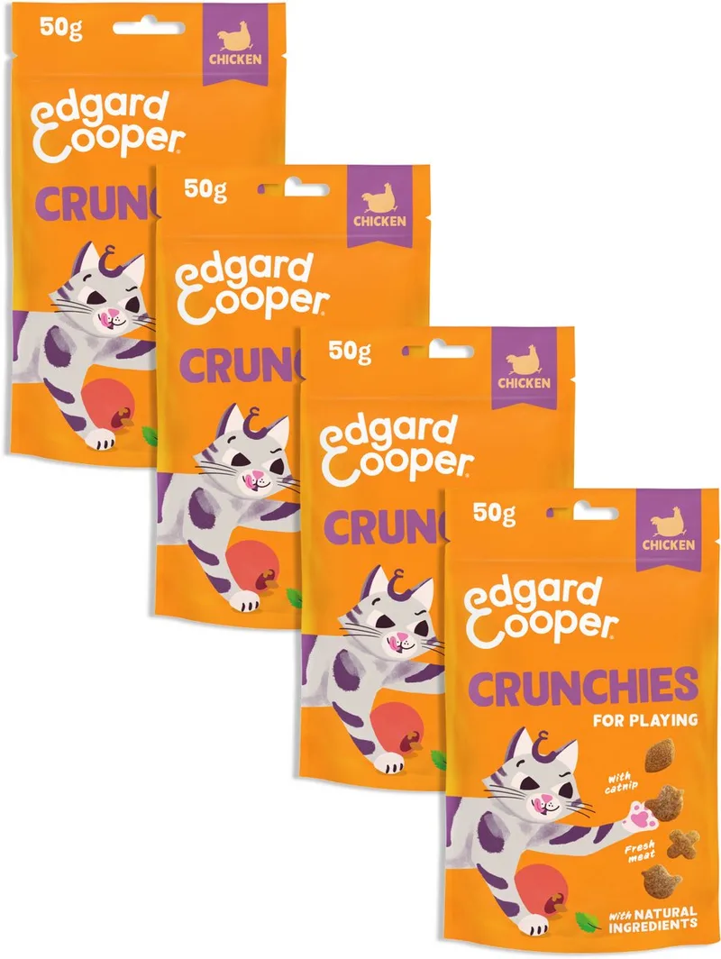natuurlijke kattensnoepjes, Cruchies Kip 4 x 50g zak, graanvrij en boordevol vers vlees, met toegevoegde kattenkruid om mee te spelen, natuurlijke ingrediënten zonder toegevoegde suiker fra Edgard & Cooper – produktbillede