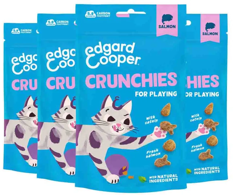 natuurlijke kattensnoepjes, Cruchies Zalm 4 x 50g, graanvrij en boordevol vers vlees, met toegevoegde kattenkruid om mee te spelen, natuurlijke ingrediënten zonder toegevoegde suiker fra Edgard & Cooper – produktbillede