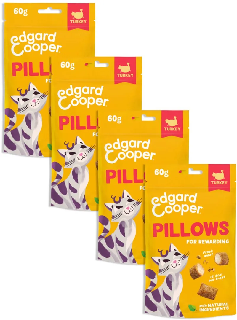 natuurlijke kattensnoepjes, Pillows Kalkoen 4 x 60g, boordevol vers vlees, graanvrije lekkernijen voor een beloning, minder dan 2 kcal per lekkernij, natuurlijke ingrediënten, geen toegevoegde suiker von Edgard & Cooper – Produktfoto