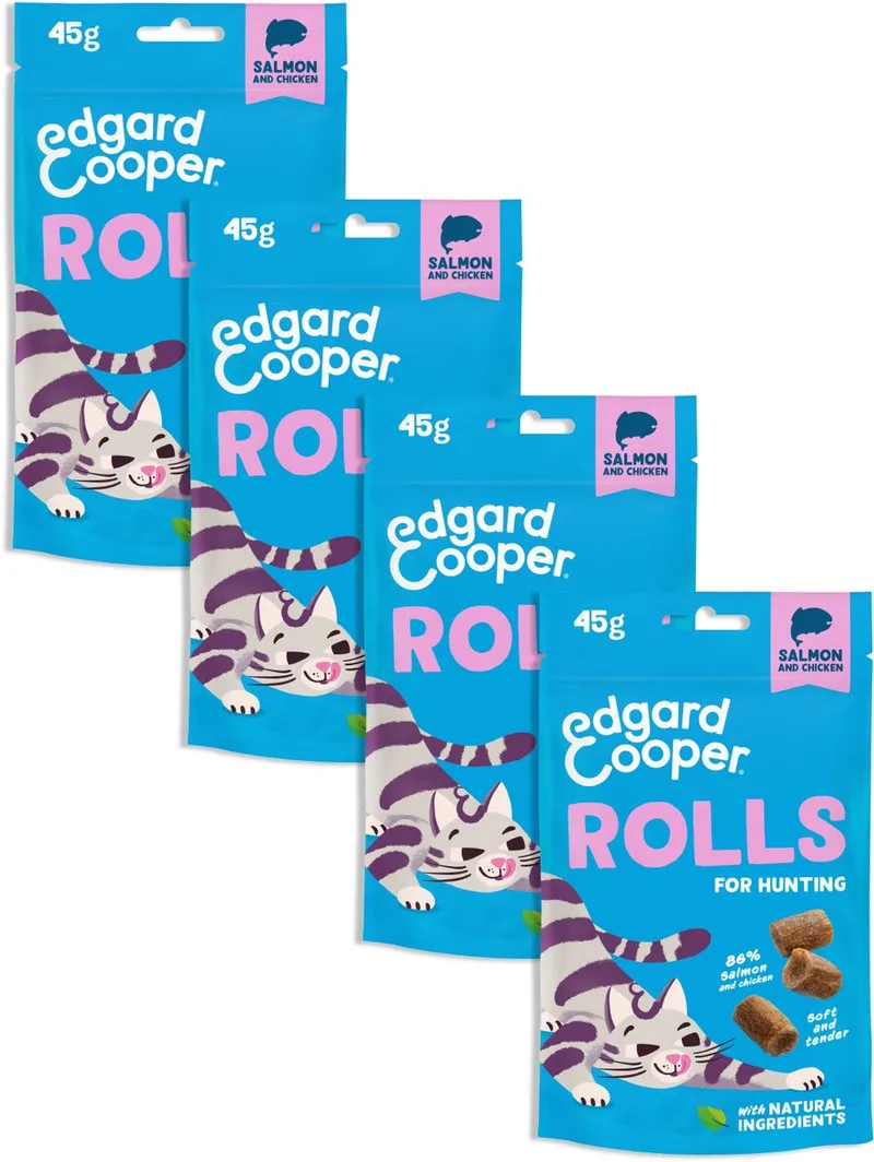 natuurlijke kattensnoepjes, Rolls Zalm 4 x 45g, graanvrij en boordevol vers vlees, met toegevoegde kattenkruid om mee te spelen, natuurlijke ingrediënten zonder toegevoegde suiker by Edgard & Cooper – product photo