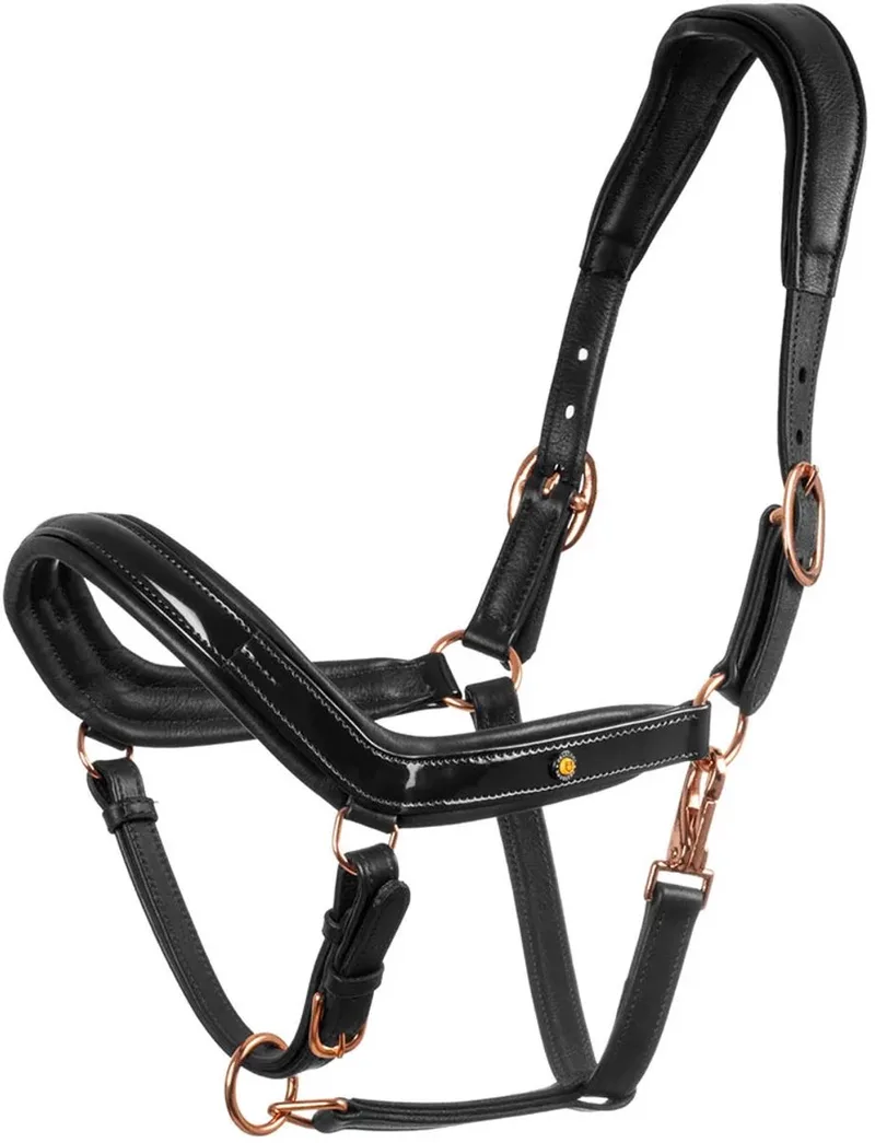 Polished Leather Rose Gold Buckles Halster Zwart Full by Equestro in Black – product photo