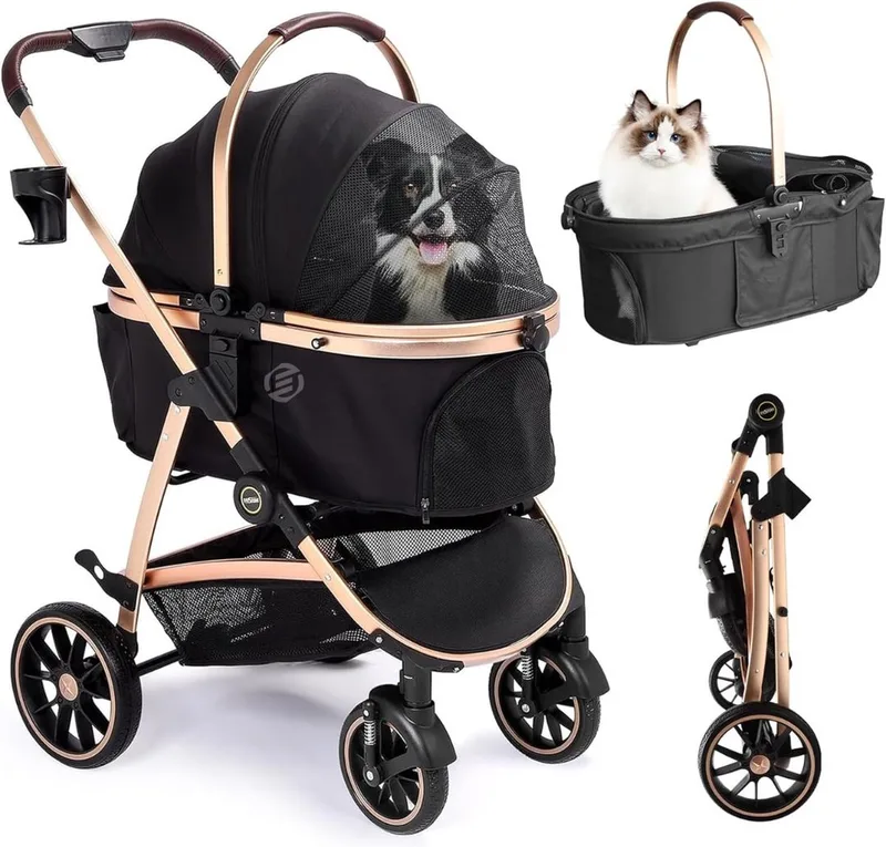 Hondenbuggy - Honden Buggy - Hondenbuggy's - Hondenbuggy All Terrain - Hondenbuggy Comfort - Hondenwagen - Kinderwagen voor Hond - Kinderwagen voor Honden von Equivera in Gold – Produktfoto