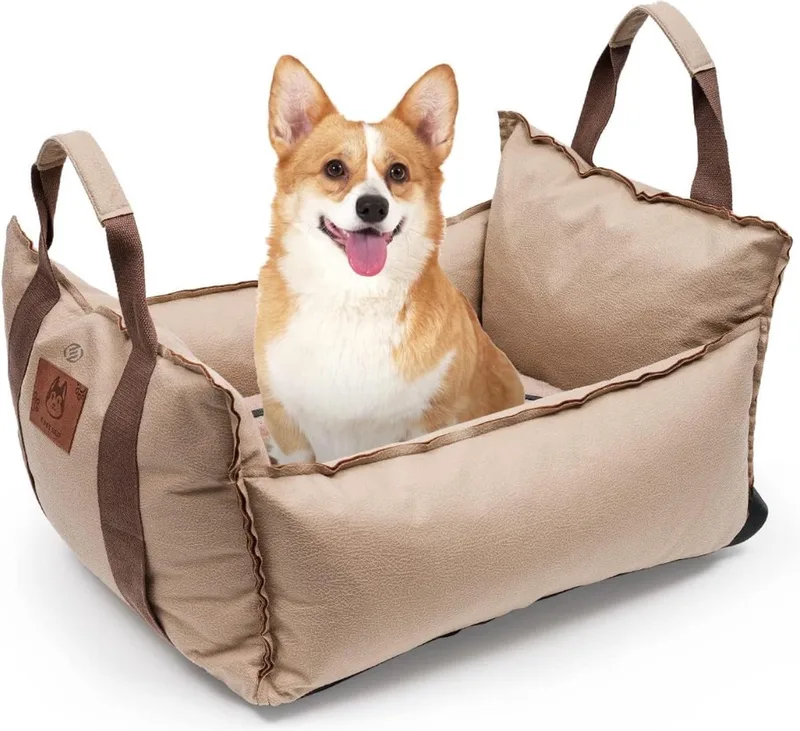 Hondenmand Auto Met Gordel - Hondenmand - Hondenmand Auto - Autostoel Hond - Hondenstoel Auto - Met Gordel de Equivera en Khaki – photo produit