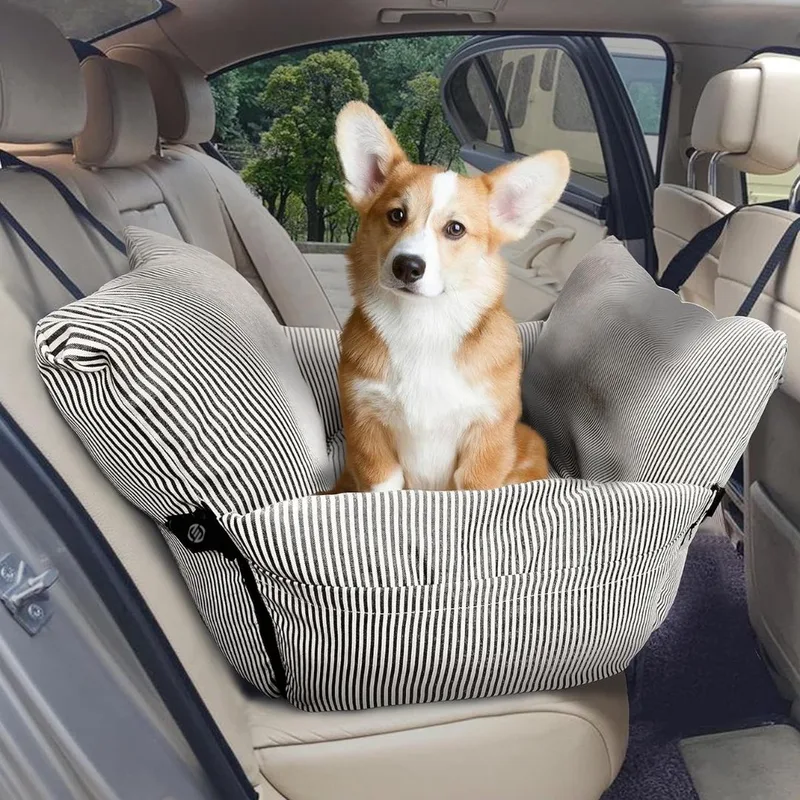 Hondenmand Auto Met Gordel - Hondenmand - Hondenmand Auto - Autostoel Hond - Hondenstoel Auto - Met Gordel fra Equivera i Bruine strepen – produktbillede
