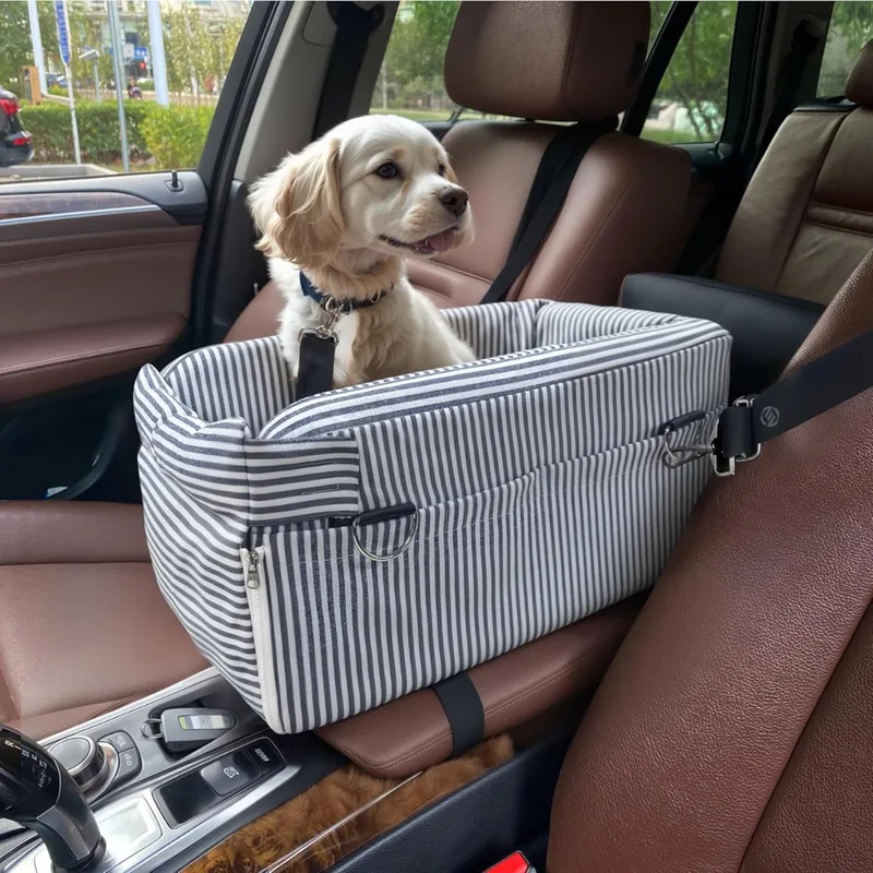 Hondenmand Auto Met Gordel - Hondenmand - Hondenmand Auto - Autostoel Hond - Hondenstoel Auto - Met Gordel by Equivera in Blauwe strepen – product photo