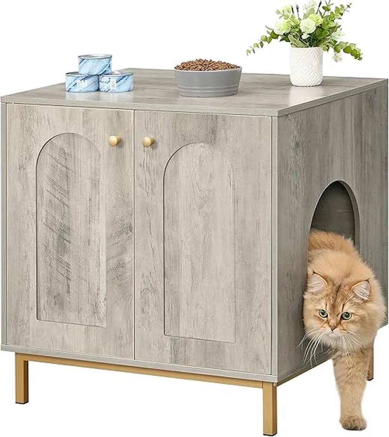Kattenbak Kast - Kast voor Kattenbak - Kattenbak Meubel - Kattenhuis - Kattenkast by Equivera in Grijs en goud – product photo