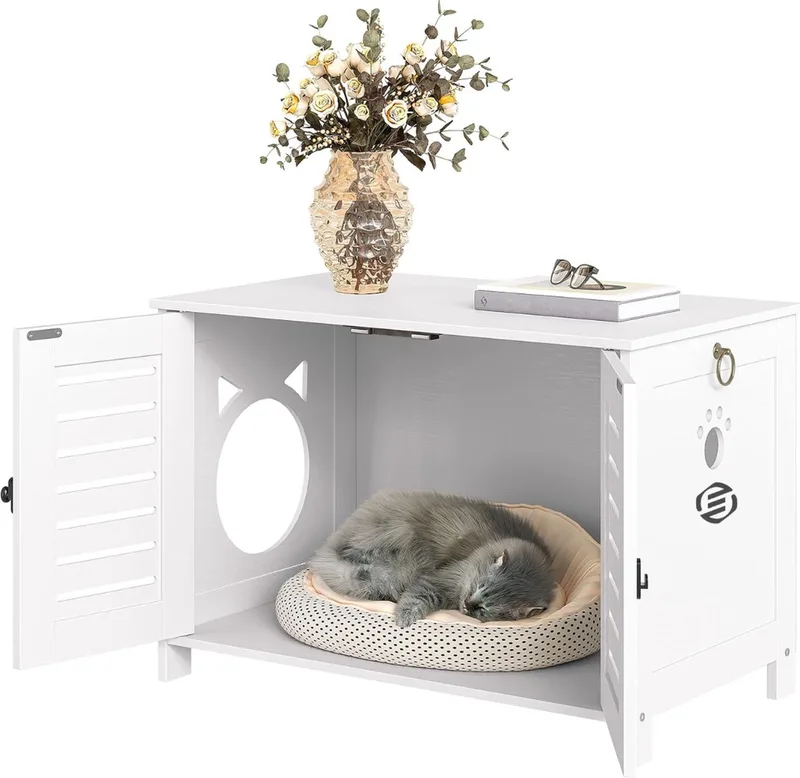 Kattenbak Ombouw - Kattenbak Kast - Kattenmeubel - Kattenkast - Kattenhuis - Kattenbak Container - Kattenbakkast - Kattenhuis Kattenbak - Kast Voor Kattenbak by Equivera in White – product photo