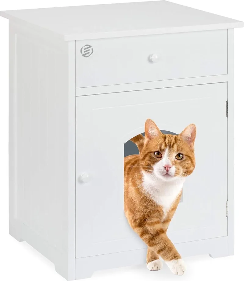 Kattenbak Ombouw - Kattenbak Kast - Kattenmeubel - Kattenkast - Kattenhuis - Kattenbak Container - Kattenbakkast - Kattenhuis Kattenbak - Kast Voor Kattenbak de Equivera en Blanc – photo produit