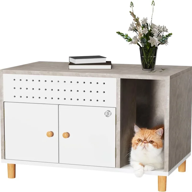 Kattenbak Ombouw - Kattenbak Kast - Kattenmeubel - Kattenkast - Kattenhuis - Kattenbak Container - Kattenbakkast - Kattenhuis Kattenbak - Kast Voor Kattenbak de Equivera en Blanc – photo produit