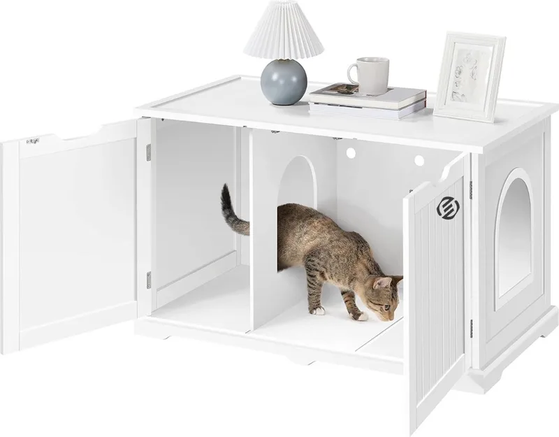 Kattenbak Ombouw - Kattenbak Kast - Kattenmeubel - Kattenkast - Kattenhuis - Kattenbak Container - Kattenbakkast - Kattenhuis Kattenbak - Kast Voor Kattenbak de Equivera en Blanc – photo produit