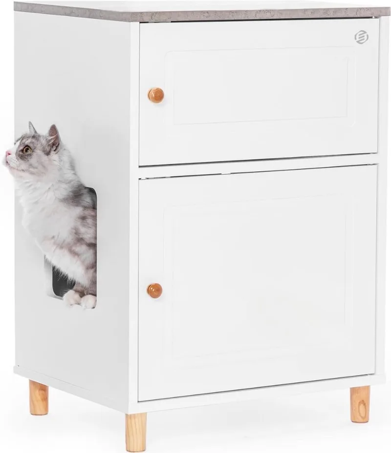Kattenbak Ombouw - Kattenbak Kast - Kattenmeubel - Kattenkast - Kattenhuis - Kattenbak Container - Kattenbakkast - Kattenhuis Kattenbak - Kast Voor Kattenbak de Equivera en Blanc – photo produit