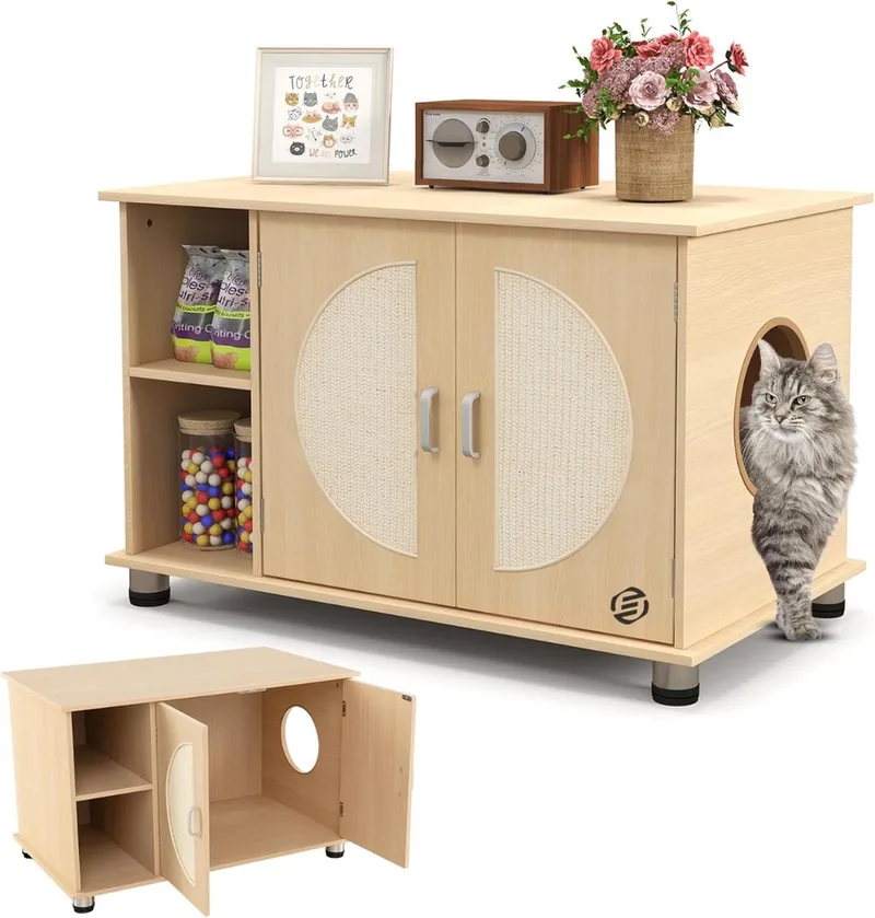 Kattenbak Ombouw - Kattenbak Kast - Kattenmeubel - Kattenkast - Kattenhuis - Kattenbak Container - Kattenbakkast - Kattenhuis Kattenbak - Kast Voor Kattenbak by Equivera in Houten kleur – product photo