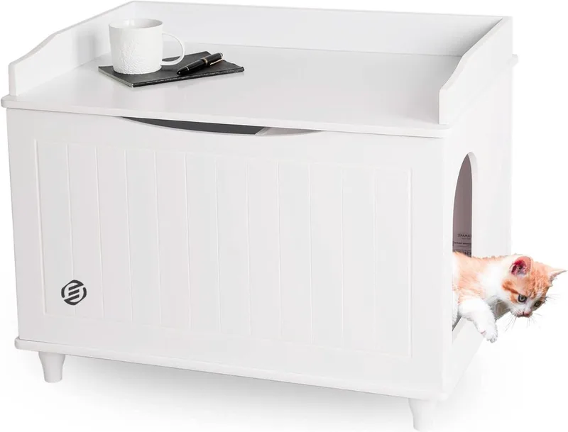 Kattenbak Ombouw - Kattenbak Kast - Kattenmeubel - Kattenkast - Kattenhuis - Kattenbak Container - Kattenbakkast - Kattenhuis Kattenbak - Kast Voor Kattenbak de Equivera en Blanc – photo produit