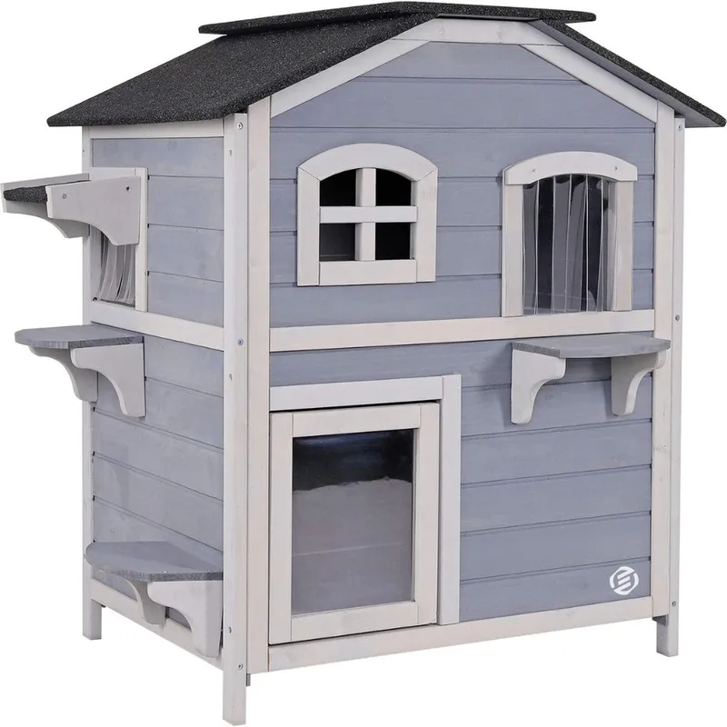 Kattenhuis Voor Buiten - Kattenhuis Buiten - Kattenhok - Kattenhuisje - Kattenvilla - Kattenhok Buiten de Equivera en Gris – photo produit