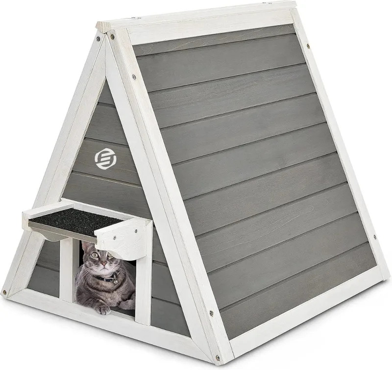 Kattenhuis Voor Buiten - Kattenhuis Buiten - Kattenhok - Kattenhuisje - Kattenvilla - Kattenhok Buiten de Equivera en Gris – photo produit