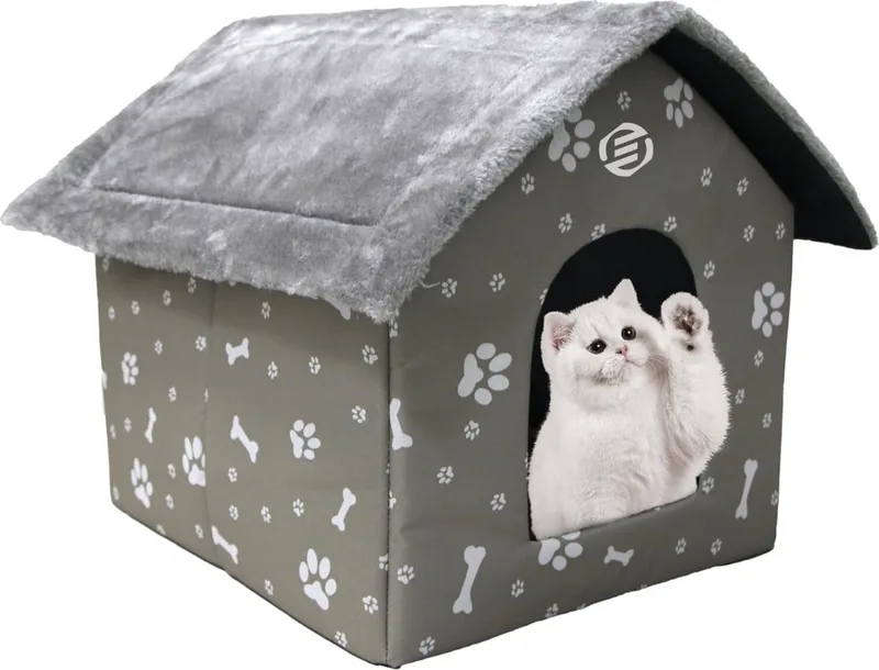 Kattenhuis Voor Buiten - Kattenhuis Buiten - Kattenhok - Kattenhuisje - Kattenvilla - Kattenhok Buiten de Equivera en Gris clair – photo produit