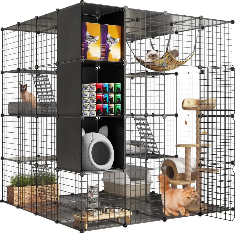 Kattenkooi - Kattenren - Kattenbench - Kattenkooi voor Binnen en Buiten - Kattenkooi Binnen - Kattenverblijf Buiten - Kat Kooi - Kattenhuis - Kattenvoliere - Bench Kat by Equivera in Black – product photo