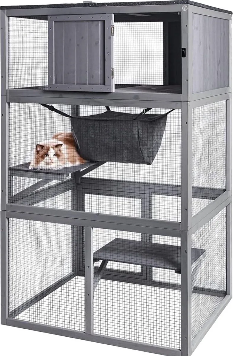 Kattenkooi - Kattenren - Kattenbench - Kattenkooi voor Binnen en Buiten - Kattenkooi Binnen - Kattenverblijf Buiten - Kat Kooi - Kattenhuis - Kattenvoliere - Bench Kat fra Equivera i Grå – produktbillede