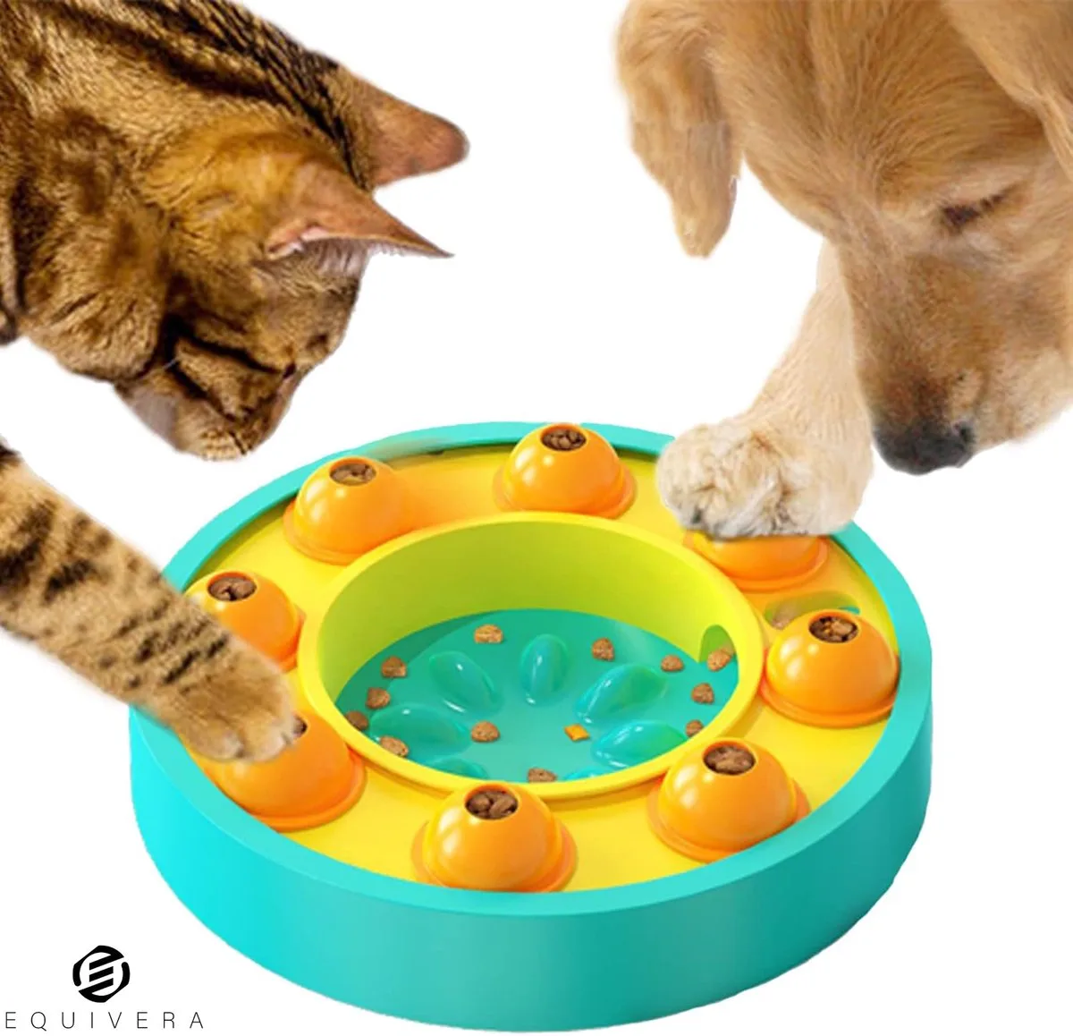 Voerpuzzel Kat - Katten Voerpuzzel - Anti Schrokbak Kat - Slowfeeder Kat fra Equivera i ‎Geel-blauw – produktbillede