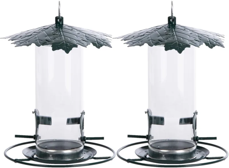 2x stuks vogel voedersilo met bladerdak metaal 23 cm - Vogelvoederhuisje - Vogelvoer - Vogel voederstation by Esschert Design in Silver – product photo