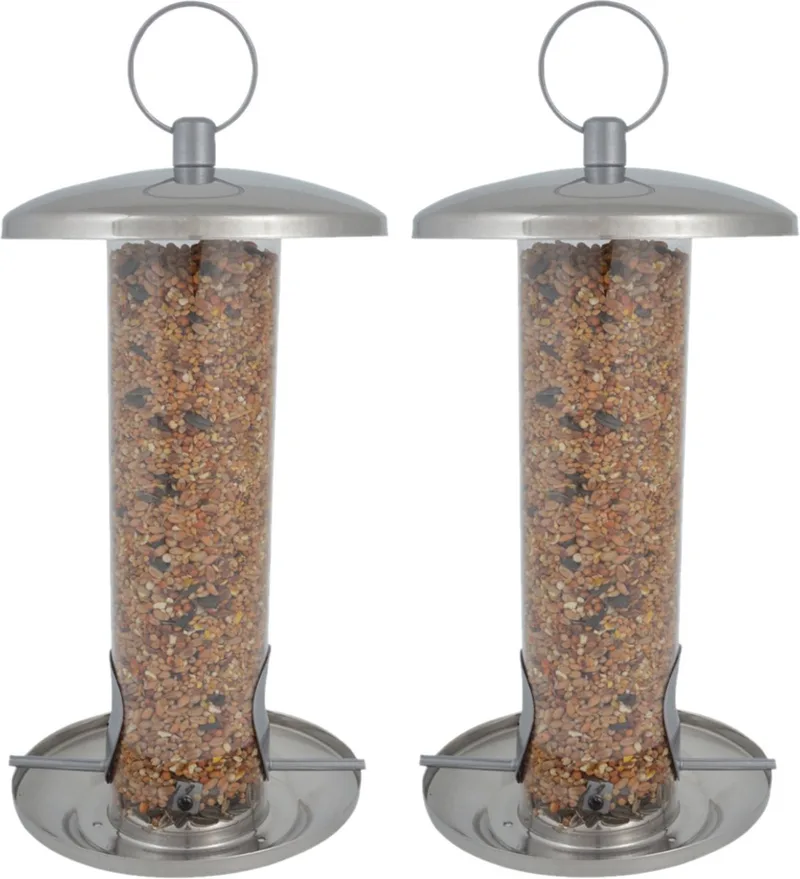 2x stuks vogel voedersilo RVS 27 cm - Vogelvoederhuisje - Vogelvoer - Vogel voederstation de Esschert Design en Argent – photo produit