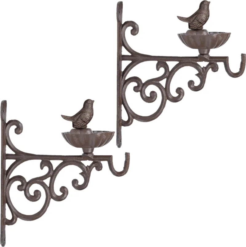 2x stuks wand vogel voederbak/drinkbak met haak gietijzer 19 cm - Vogelvoer - Vogelvoerbak - Vogeldrinkbak by Esschert Design in Brown – product photo