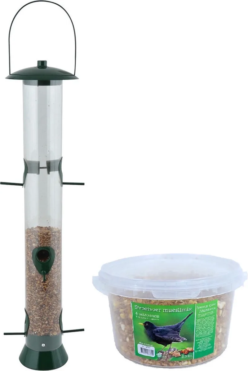 Grote vogel voedersilo kunststof 56 cm inclusief 4-seizoenen mueslimix vogelvoer - Vogel voederstation - Vogelvoederhuisje fra Esschert Design i Gennemsigtig – produktbillede