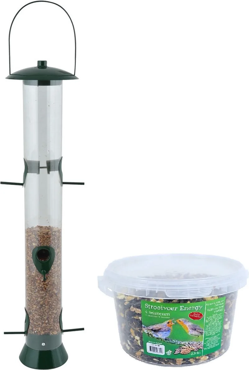 Grote vogel voedersilo kunststof 56 cm inclusief 4-seizoenen energy vogelvoer - Vogel voederstation - Vogelvoederhuisje von Esschert Design in Transparent – Produktfoto