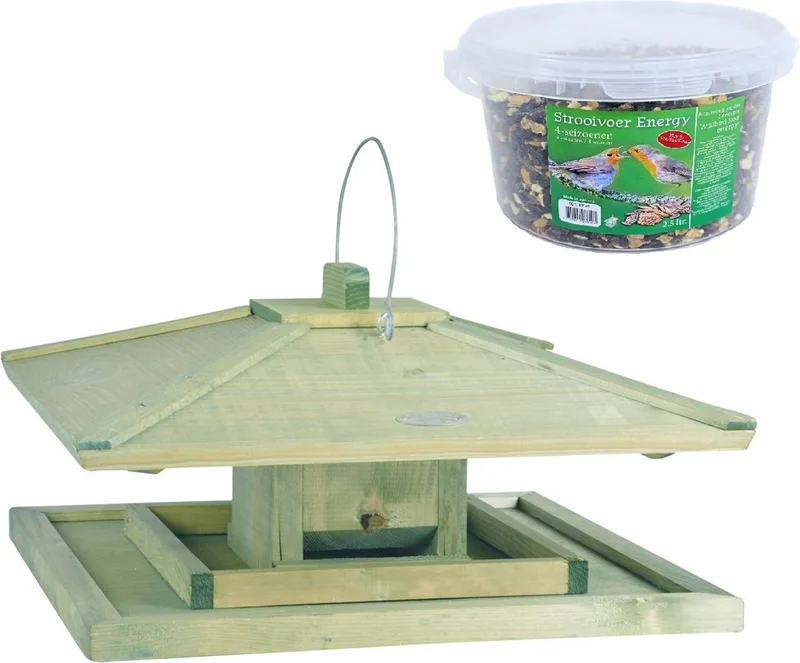 Japans vogelhuisje/voedersilo hout 38 cm inclusief 4-seizoenen energy vogelvoer - Vogel voederstation - Vogelvoederhuisje de Esschert Design en Beige – photo produit