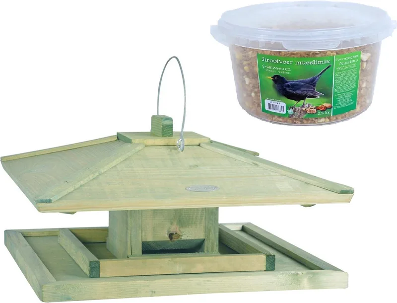 Japans vogelhuisje/voedersilo hout 38 cm inclusief 4-seizoenen mueslimix vogelvoer - Vogel voederstation - Vogelvoederhuisje by Esschert Design in Beige – product photo