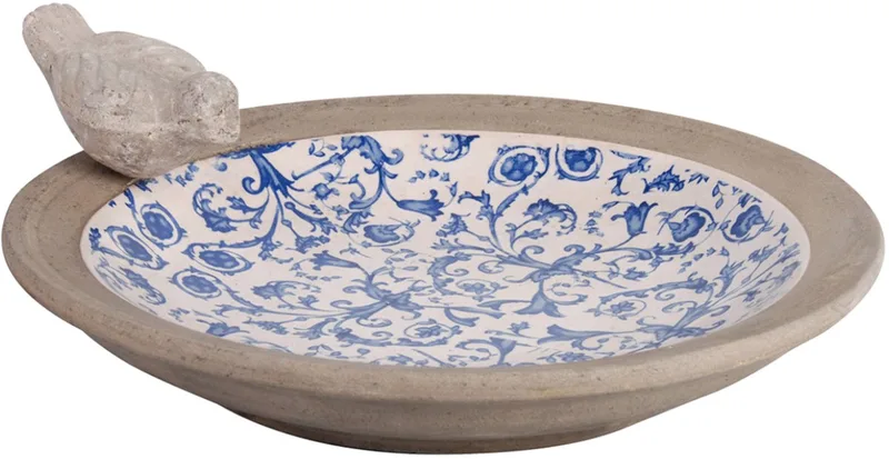 Keramiek Vogelbad Met Print - Grijs/ - 33,5 x 33,5 x 10,8 cm by Esschert Design in Blue – product photo