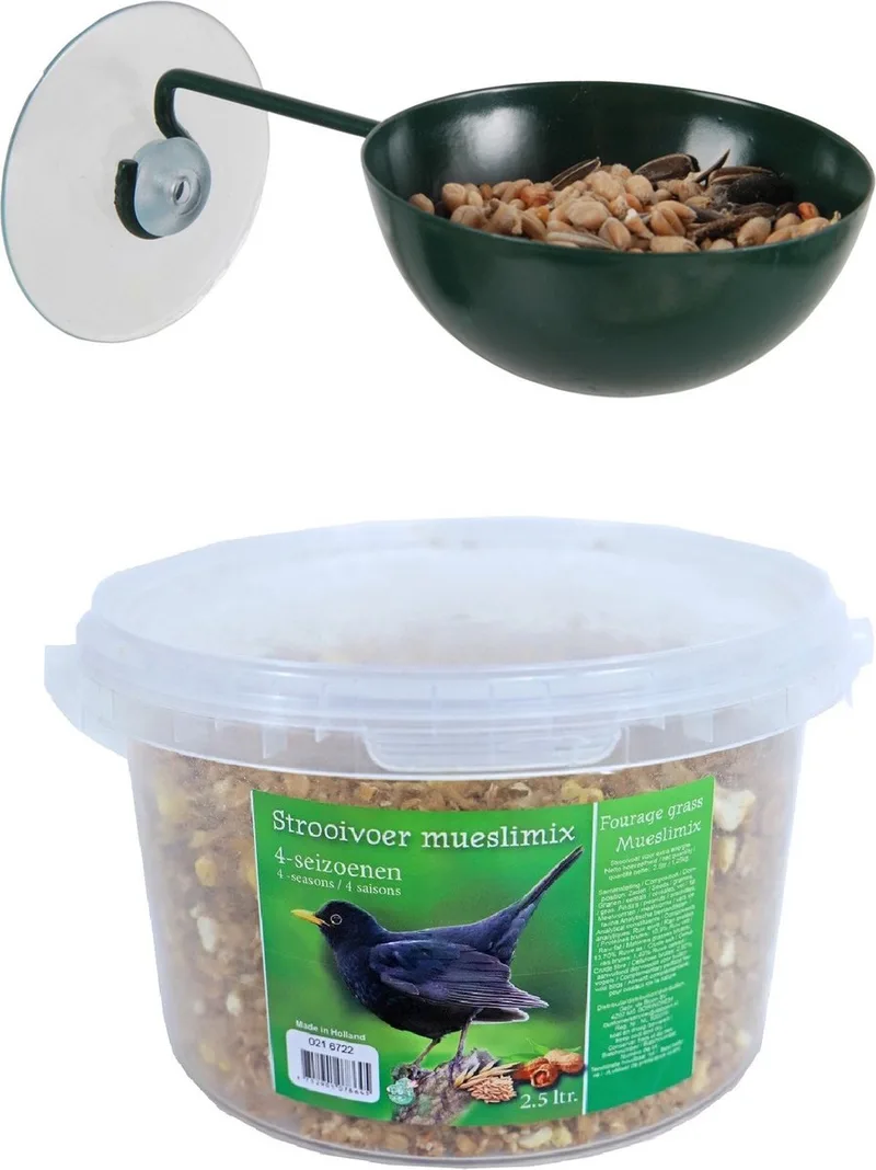 Raamvoederbakje voor vogelvoer 12 cm donker inclusief 4-seizoenen mueslimix vogelvoer - Vogel voederstation - Vogelvoederhuisje von Esschert Design in Grün – Produktfoto