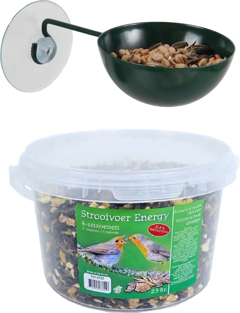 Raamvoederbakje voor vogelvoer 12 cm donker inclusief 4-seizoenen energy vogelvoer - Vogel voederstation - Vogelvoederhuisje by Esschert Design in Green – product photo
