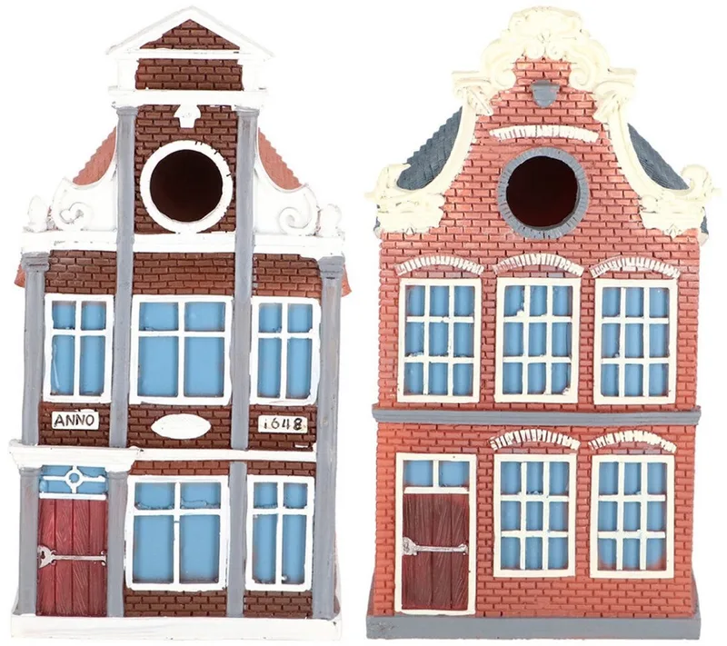 Set Vogelhuisjes - grachtenpand - 14 x 17 x 25 cm - klokgevel en halsgevel - nestkastje von Esschert Design in Mehrfarbig – Produktfoto