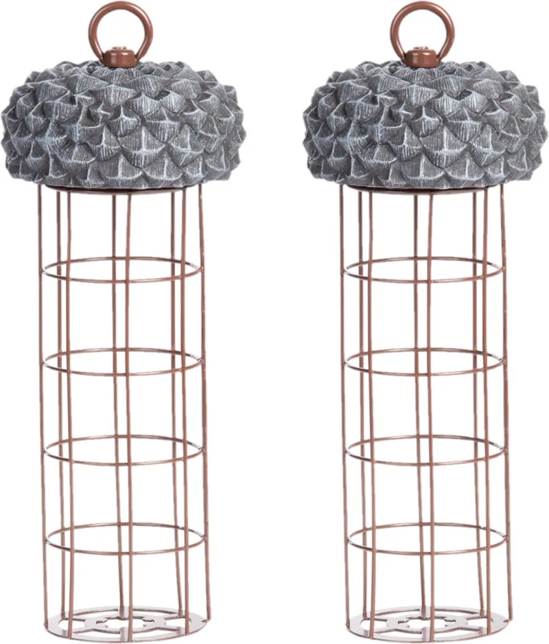 Vogel voedersilo - 2x stuks - eikeldeksel voor vetbollen - metaal/pvc - 28 cm - vogelvoederhuisje von Esschert Design in Grau – Produktfoto