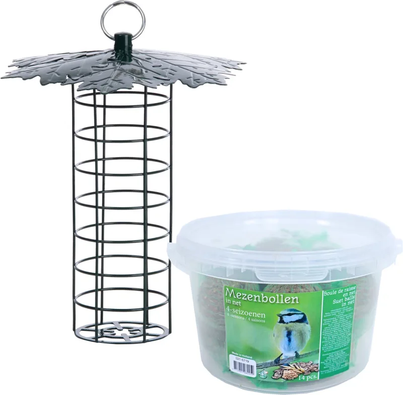 Vogel voedersilo met bladerdak metaal 23 cm inclusief 14 vetbollen - Vogelvoer - Vogel voederstation - Vogelvoederhuisje by Esschert Design in Silver – product photo